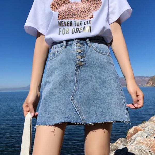 

summer high waist women denim skirt pockets single breasted tassel female jeans skirts female pencil mini saia mujer dv682, Black