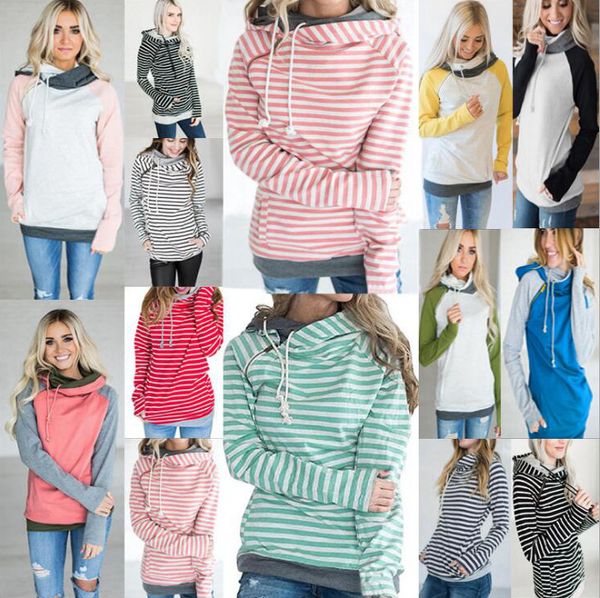 Felpe con cappuccio da ragazza Cappotto con cappuccio tascabile patchwork Felpe con maniche lunghe a righe da donna Maglione Tops Pullover con cappuccio Capispalla casual D7062