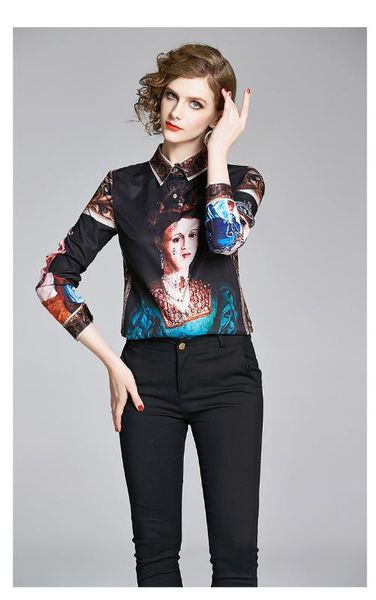 

fashion tide 2020 spring autumn women temperament queen print blouse vintage lapel collar long sleeve slim fit shirt top, White