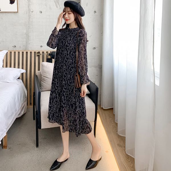 

yocalor 2020 spring all-match loose stand collar pleated female midi dress long-sleeved lace-up women dress vestidos femme, Black;gray
