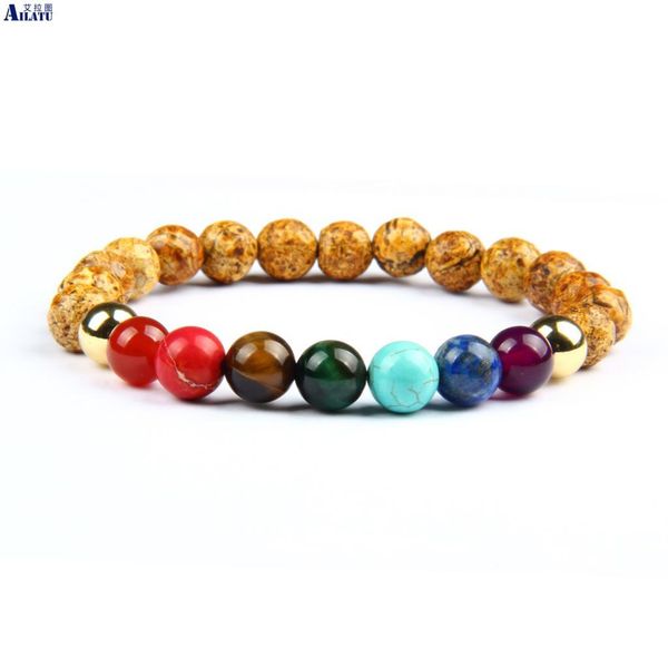 

ailatu new chakras bracelet with natural stone beads yoga beaded jewelry, Golden;silver