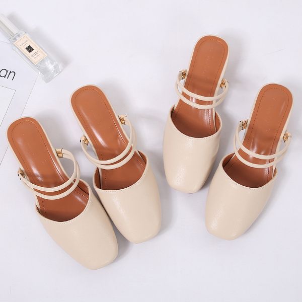 

summer sandals slippers 2-wear apricot women shoes thick heels closed square toe sandalia feminina comfy slingback footwear 2020, Black