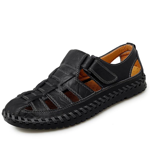 

new summer beach shoes mens flat sandals soft genuine leather male flat sandals business leisure daddy shoes *, Black