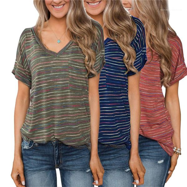 

sleeves casual tees famale designer womens multicolor striped printed tshirt loose round neck short, White