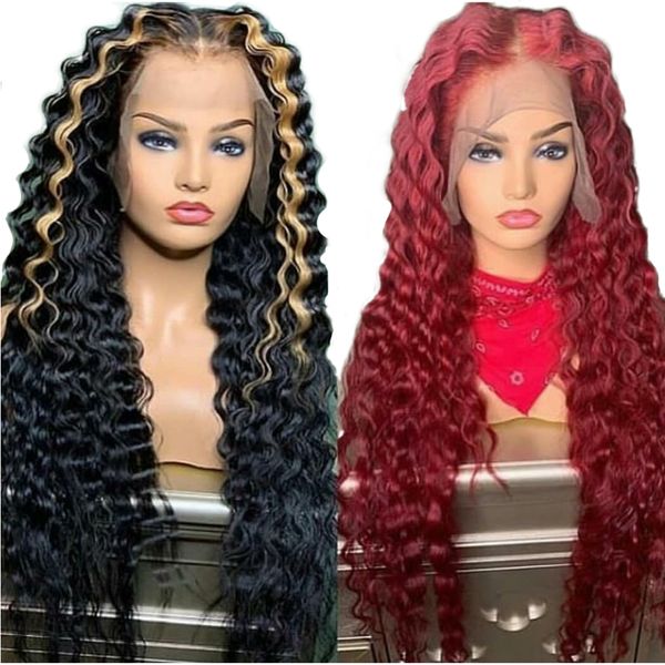 

red deep wave pre preduct with baby hair glueless remy brazilian ombre highlight blonde 13x4 lace front human hair wig, Black