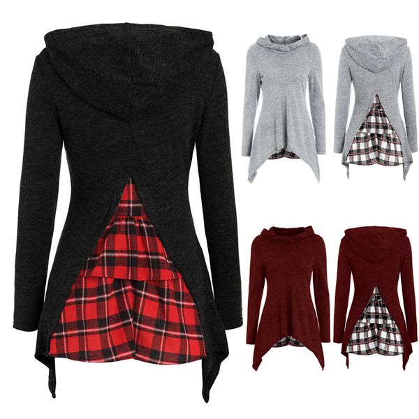 

women hoodies sweatshirt turtleneck long sleeve hooded back plaid patchwork irregular sweatshirt pullover moletom feminino i, Black