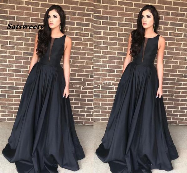 

satsweety elegant black satin long evening dresses scoop neck full length evening gowns simple party dresses, White;black