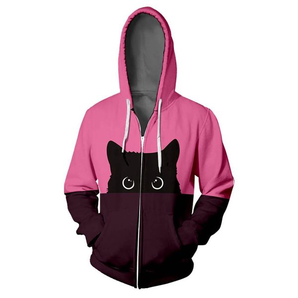 

women outdoor plus size sport coat lover cat print hoodie hip hop zipper color long sleeve running jackets for 2019 clothes, Black;red