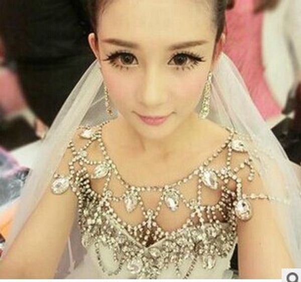 

korean style women shinning crystal bridal necklace shoulder chain accessory wedding dress necklace, Silver