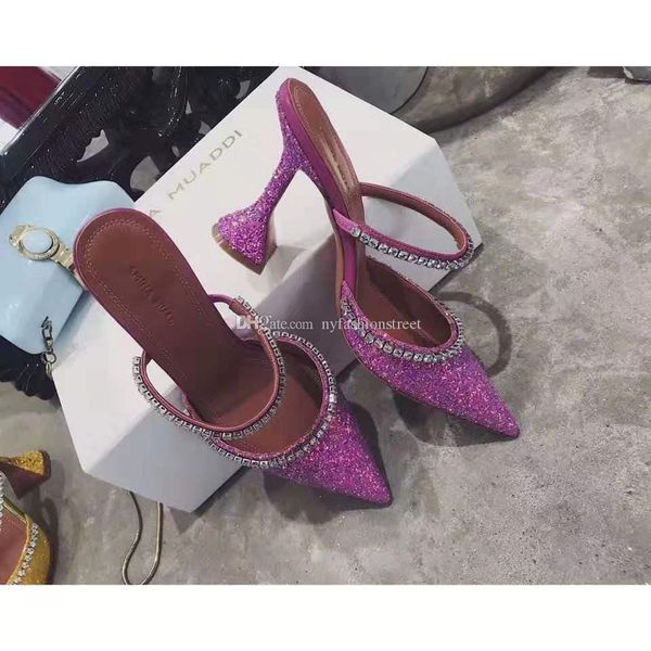 

perfect official quality amina muaddi women 95mm gilda embellished glitter mules amina muaddi crystal high heel shoes sandals, Black