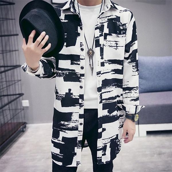 

huation shirt jacket men korea style long black white pattern print jackets mens coats jaqueta masculino hip hop streetwear male, Black;brown