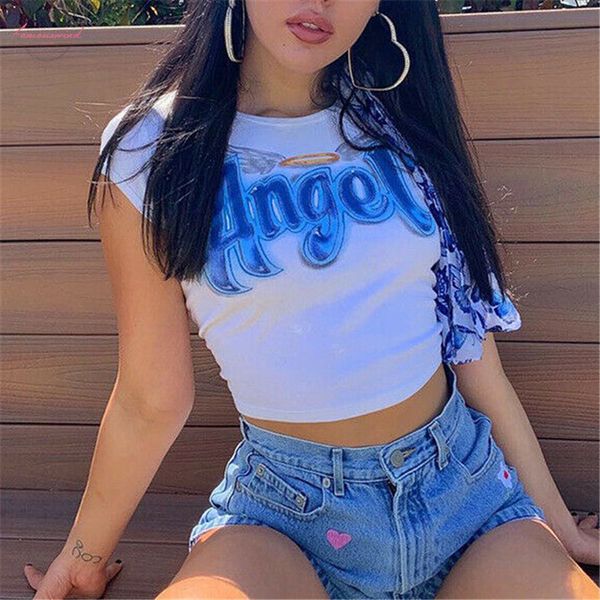 

2019 fashion harajuku women cartoon letters printed hip hop t shirt cotton o neck short sleeve sweet style crop tee, White