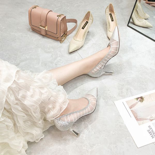 

сетчатый высокий каблук женские тонкие каблуки 2020 весна и лето новые свадебные туфли указал на увеличение дышащей износостойкой кружева од, Black