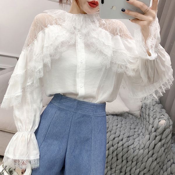 

sexemara 2019 autumn new ruffles collar full flare sleeve lace patchwork shoulder ladies fashion loose shirt cst152, White