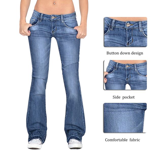 

oeak 2019 new womens fashion jeans button slim show thin casual pants jean female flared trousers wide denim skinny pants, Blue