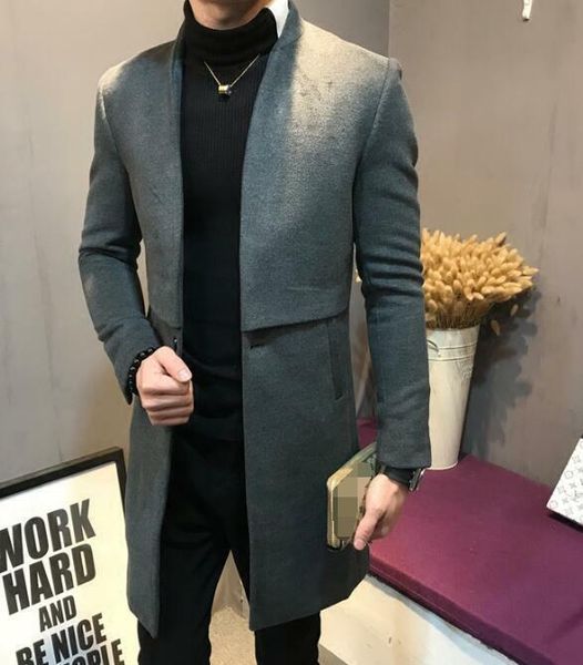 

men trench coat wool blend warm mid long outwear slim chic handsome g06, Black