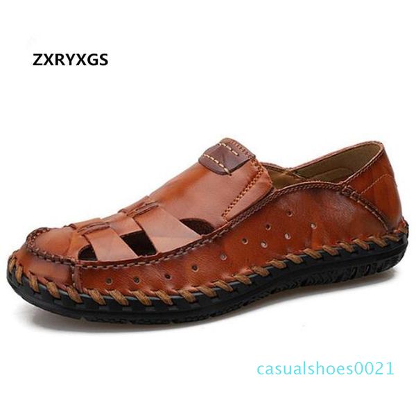 

most popular hand-stitched genuine leather shoes men sandals flat non-slip fashion sandals casual shoes 2019 new summer c21, Black