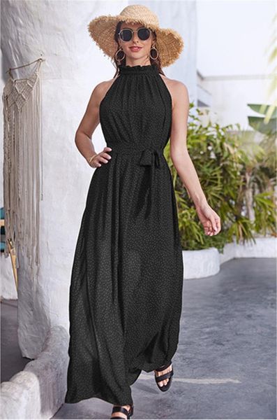 

summer sleeveless a line casual ladies dresses polka dot loose female dresses floral halter womens dresses, Black;gray