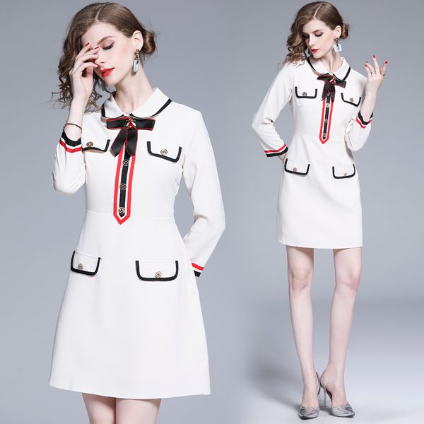 

girls bees beading bowknot striped women dress 2020 spring autumn long sleeve sweet mini dresses vintage female vestidos, Black;gray