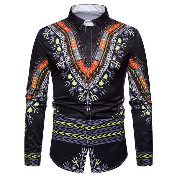 

африканский dashiki печати рубашка мужчины осень 2018 новый длинные рукава рубашки мужские social тонкий fit повседневный мужчина сорочка ho, White;black
