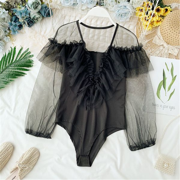 

autumn 2019 seaside holiday v neck long sleeve yarn chiffon playsuits women ruffle solid color bodysuits overalls h882, Black;white