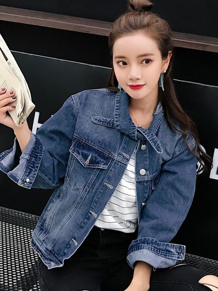 

jujuland женщина повседневная буле классический стиль джинсовые куртки свободные твердые осень верхняя одежда 6827, Black;brown