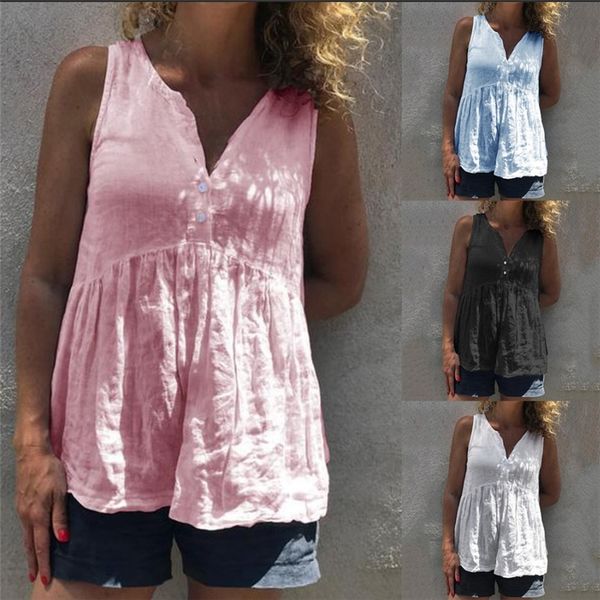 

2019 and cotton cotton linen linen solid color stand collar sleeveless casual female, White