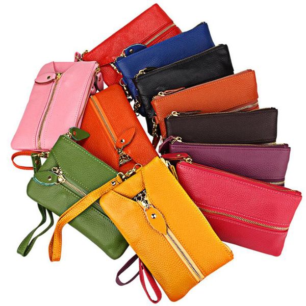 

genuine leather clutch wristlets women original leather zipper coin purses credit card keys wallet keychains holders short wallets pouches, Red;blue