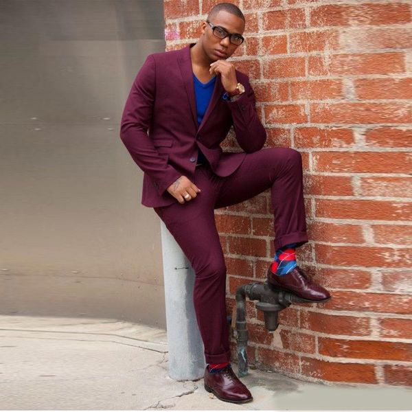 

dark red two pieces men's suit notched lapel 2 button slim fit formal tuxedos coat and trousers, Black;gray