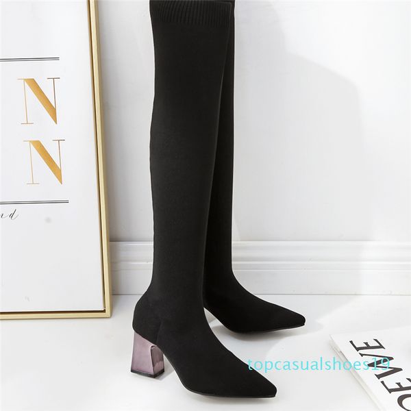 

2019 winter women over the knee slip-on square 8cm high heels boots female long sock boots ladies winter shoes t19, Black
