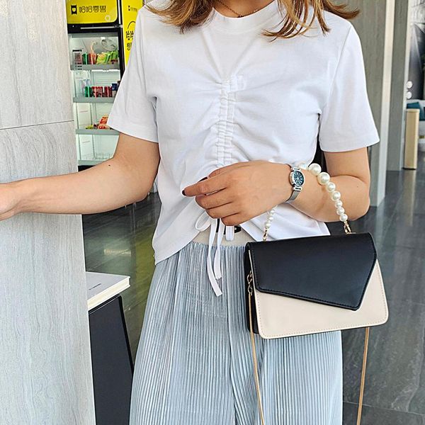 

simple leather cross body bag fashion handbags women pearl small shoulder bags chain leather patchwork color messenger bags #20