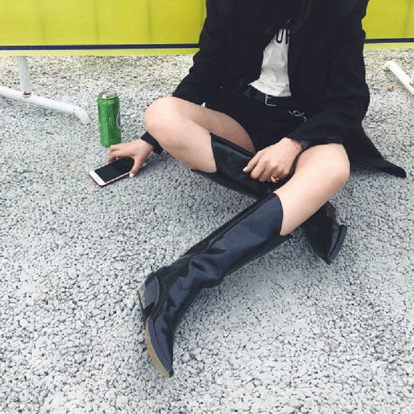 

style metallic pointed toe real leather knee high boots black white thick medium heel riding boots women's shoes