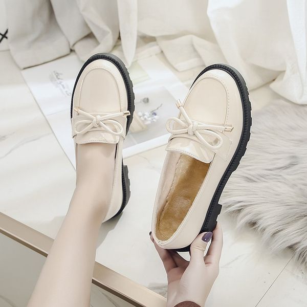 

winter shoes women casual female sneakers loafers with fur british style autumn patent leather ballet flats bow-knot ladies, Black