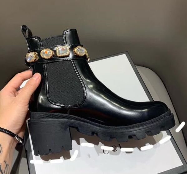 

with box female luxurious martin boots 2019 women's rhinestone leather ankle boot with belt boots and booties for women shoes, Black