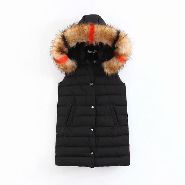 

women faux fur hooded puffer gilet sleeveless vest parka, Black