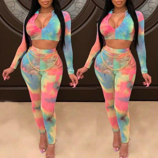 

весна осень мода женщин 2pcs печати outfit set длинные рукава тощий v-образным вырезом crop tops + длинные брюки высокий wasit сексуальная о, White