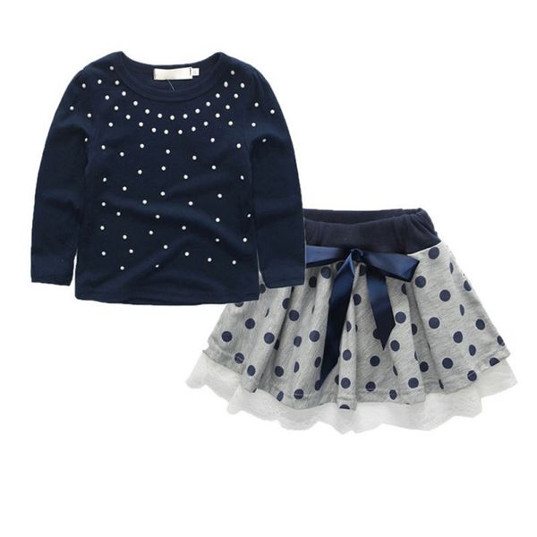 

fashion baby girls clothes long sleeve cotton dot print blouse bowknot short skirts casual outfits set baby clothes, White