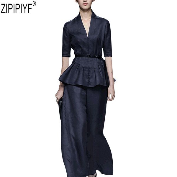 

women pant suits 2018 autumn fashion temperament fashion streetwear v-neck long sleeve blazer with full-length loose pants c2583, Gray