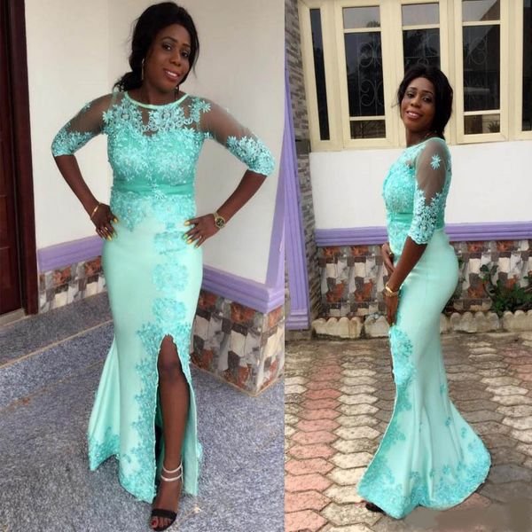 

mermaid prom dresses jewel half sleeve side split appliques illusion beads long formal evening party gowns special occasion dress, Black;red