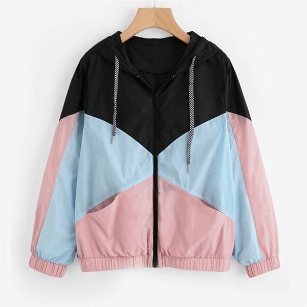 

windbreaker coats women long sleeve patchwork hooded zipper pockets casual sport coat outwear clothes short bomber jacket, Black;brown