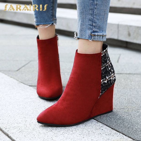 

sarairis fashion new big size 43 wedge high heels ankle boots woman shoes women zip up mix color ins shoes woman boots, Black