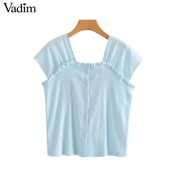 

vadim женщины сладкий оборками квадратный воротник рубашки без рукавов оборки белая блузка женская случайные лето шикарные топы blusas da454, White