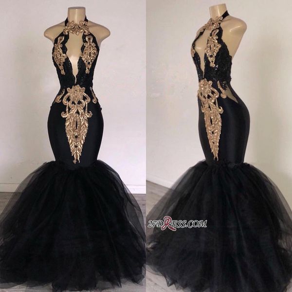 

Sexy Black Halter Lace Mermaid Prom Dresses with Gold Appliqued Tulle Formal Evening Gowns Sexy Backless Vintage Fashion Wear BC0752