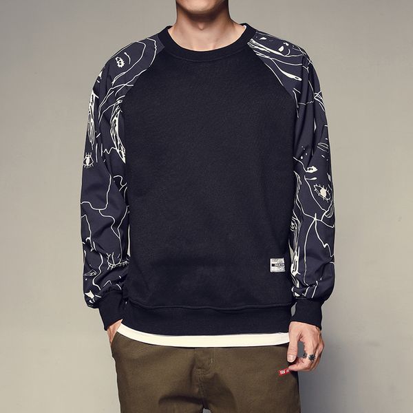 

winter cotton sweatshirt men fashion splicing trend creative printing long sleeve warm sweatshirts mens hoodie plus size s-5xl, Black