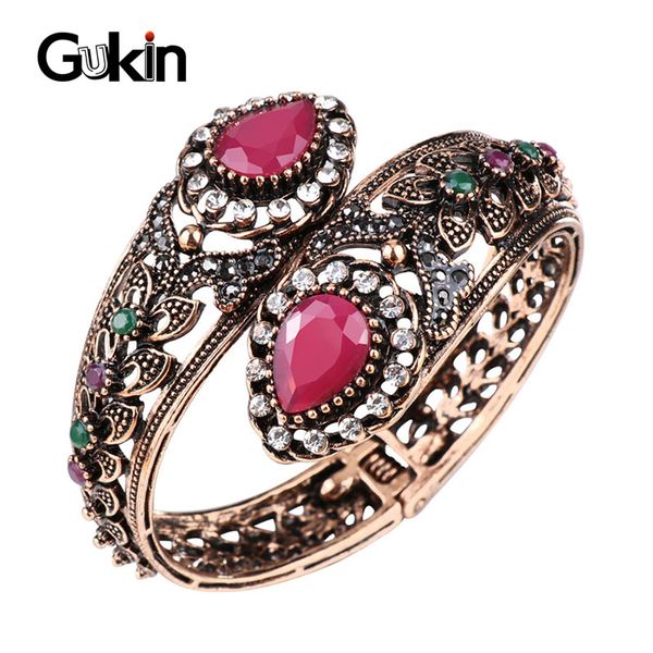 

gukin new vintage pink resin women's bracelets antique gold color crystal flower bracelet turkish jewelry gift ng, Black