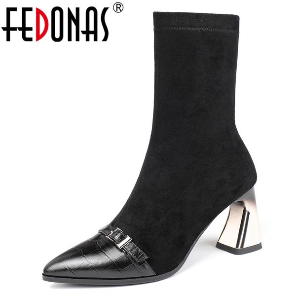 

fedonas 2020 warm autumn winter big size women mid-calf boots elegant prom shoes woman genuine leather high heels socks boots, Black
