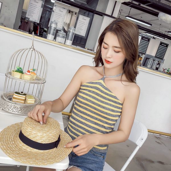 

women's tanks & camis 2021 women slim knitting halter neck hollow out camisole female crop sleeveless stripe t shirts tees, White