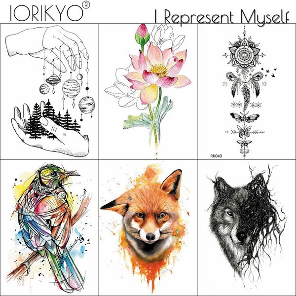 Acheter Iorikyo Jaune Renard Tatouage Temporaire Autocollants Femmes Bras Lotus Aquarelle Oiseaux Flash Tatouages Noir Planète Loup Tatouage Hommes