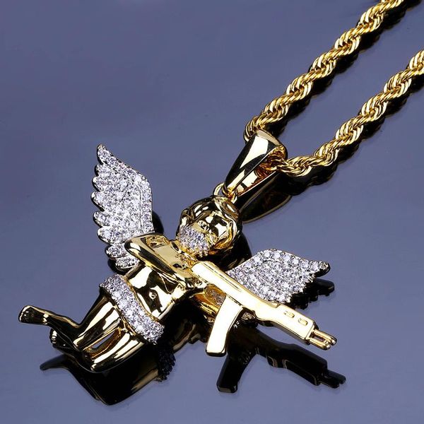 

18k gold plated pendant necklaces luxury exquisite grade quality zircon paved angel and gun hip hop necklaces jewelry wholesale ln150, Silver