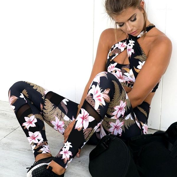 

women's pants & capris fashion floral printed active suit fitness clothing gym tracksuit women running yoga set padded bra leggings s-l, Black;white